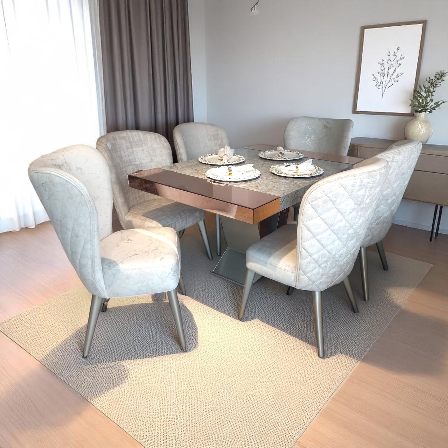 Comedor Bochelli con Mesa de Lujo en Espejo – Estilo Nórdico y Elegancia Premium